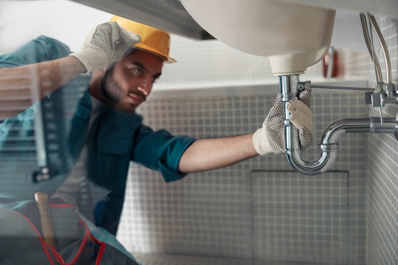 Plombier réparant le robinet d’un lavabo de salle de bain