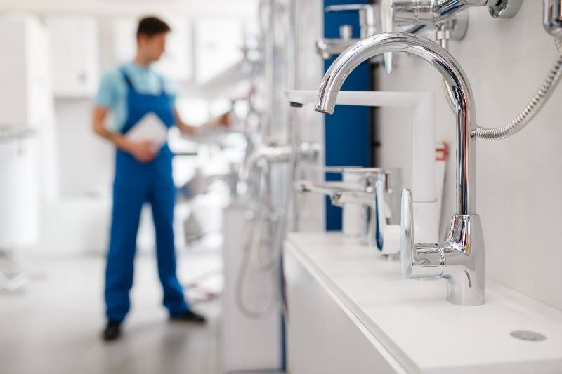 Plombier en salopette bleue dans une salle de bain